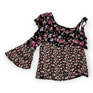 Solitaire By Ravi Khosla Romwne Black Floral Top Sz M Boho Vacation Bell‎ Sleeve